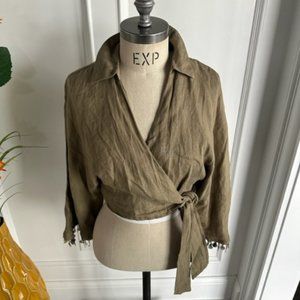 Zara 100% Olive Linen Surplice Wrap Top with Tie.